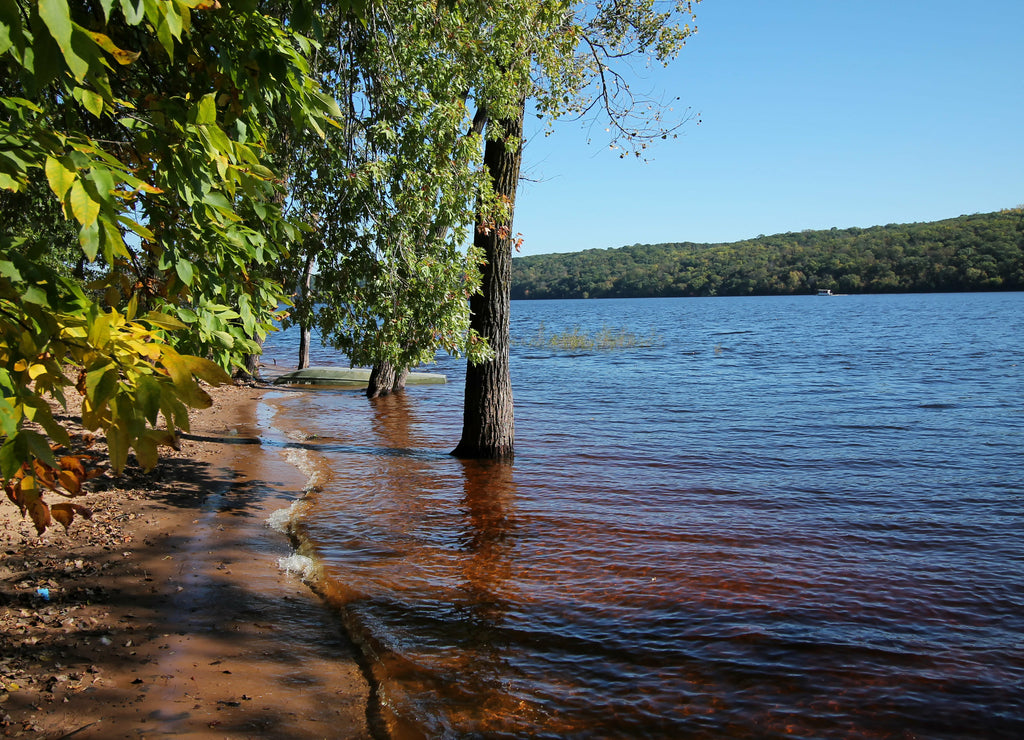St. Croix River floods the shoreline at Afton State Park in Washington County, Minnesota