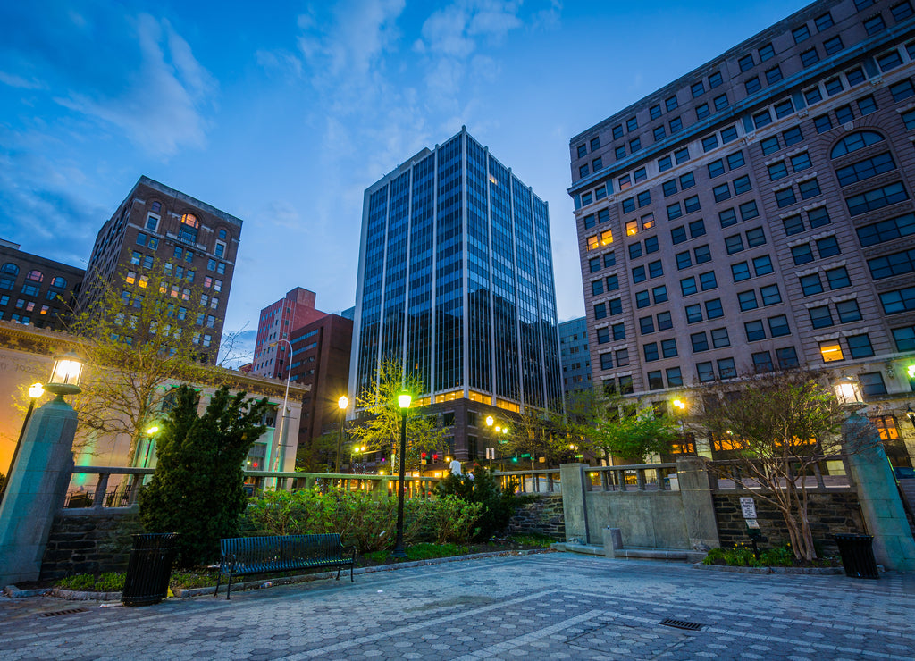 Buildings at Rodney Square at night, in Wilmington, Delaware