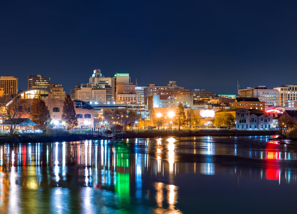 Wilmington skyline panorama reflected in Christiana River, Delaware