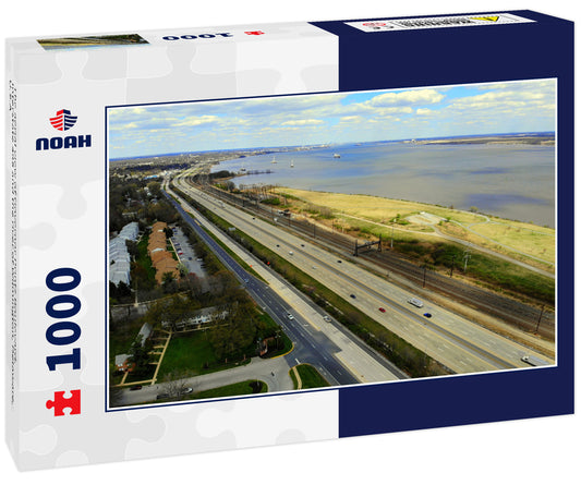 The aerial view of Governor Printz Boulevard, Interstate 495 and the river of Wilmington, Delaware, U.S.A