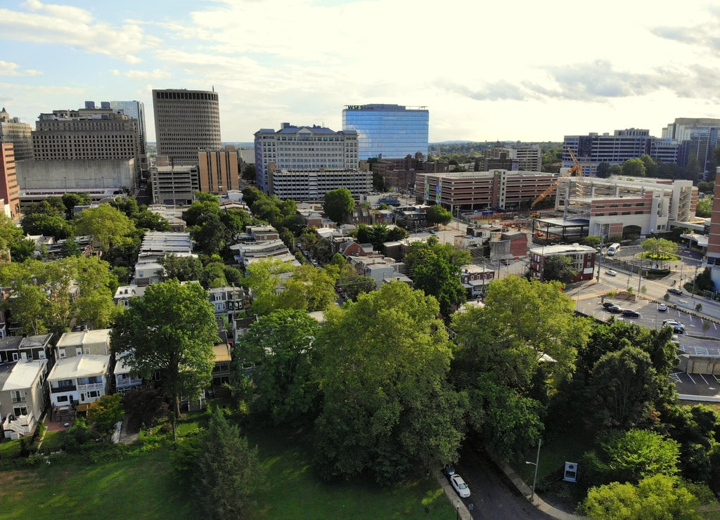 The aerial view of the downtown buildings and residential areas near Wilmington, Delaware, U.S.A