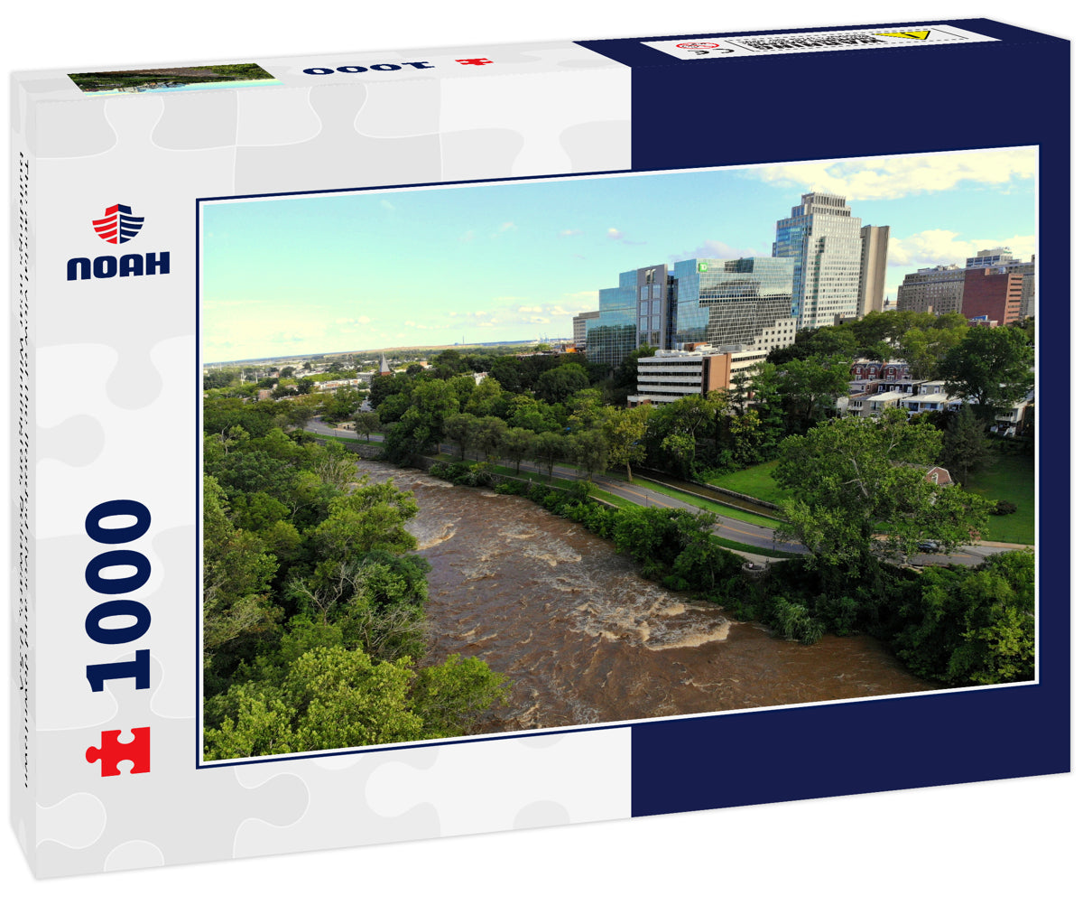 The aerial view of the flooded river and downtown buildings near Wilmington, Delaware, U.S.A