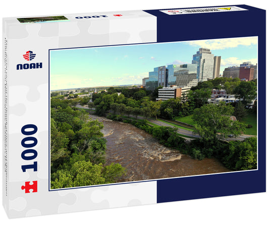 The aerial view of the flooded river and downtown buildings near Wilmington, Delaware, U.S.A