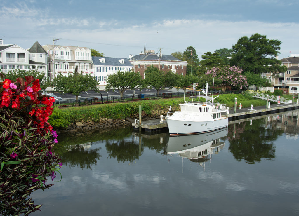 View of downtown Lewes Deleware from bridge with canal