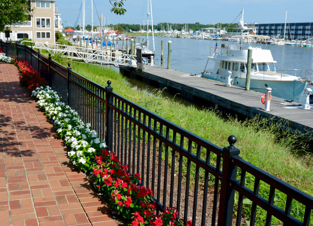 Brick pathway along Lewes Canal with boats Delaware