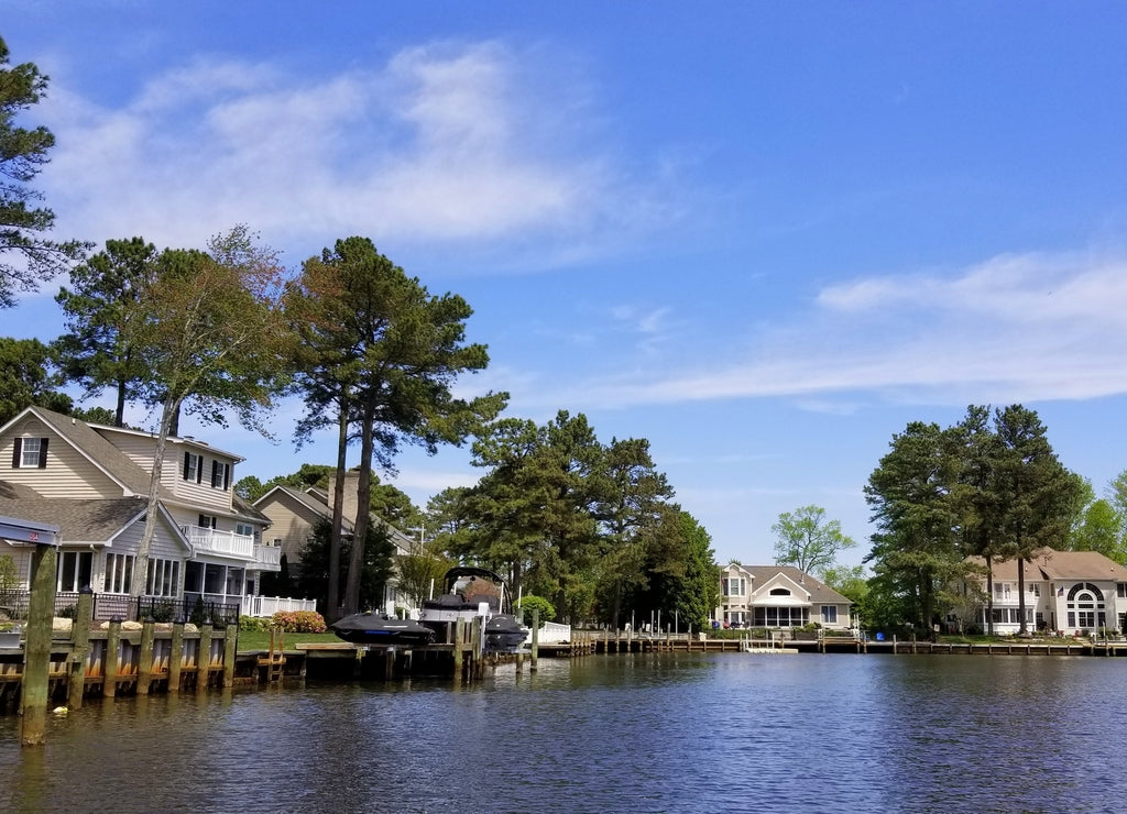 Beautiful waterfront homes by the bay near Rehoboth Beach, Delaware, U.S.A