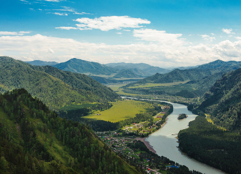 Landscape with mountains, forest and a river. Beautiful scenery