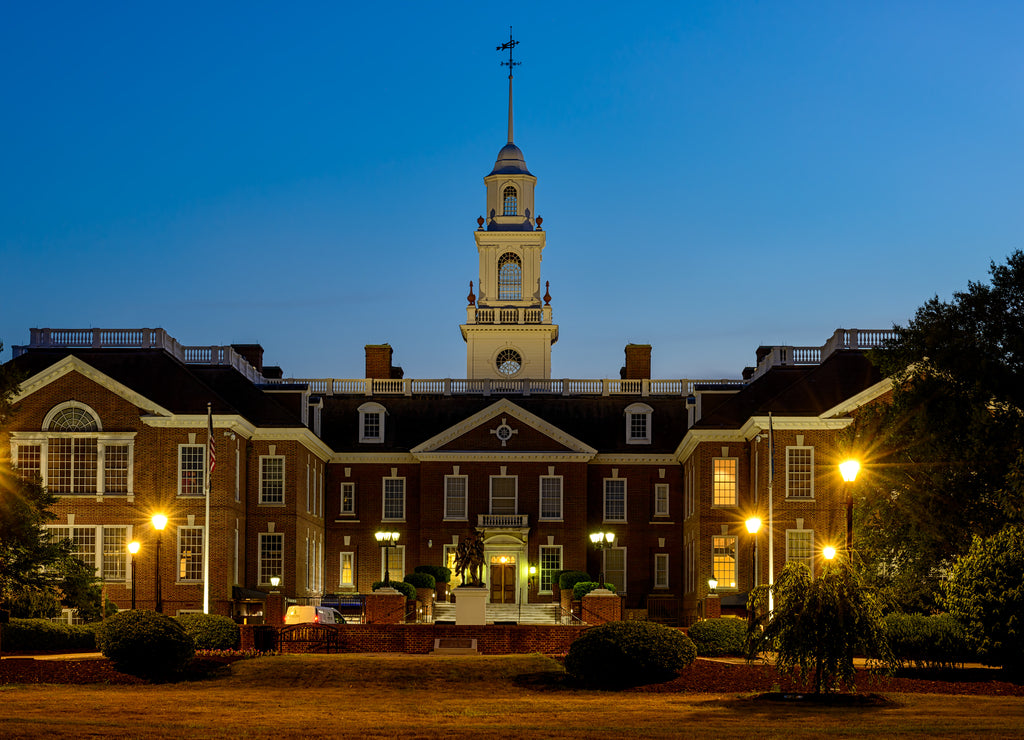 Delaware Capitol Building with lights turned on at sunset