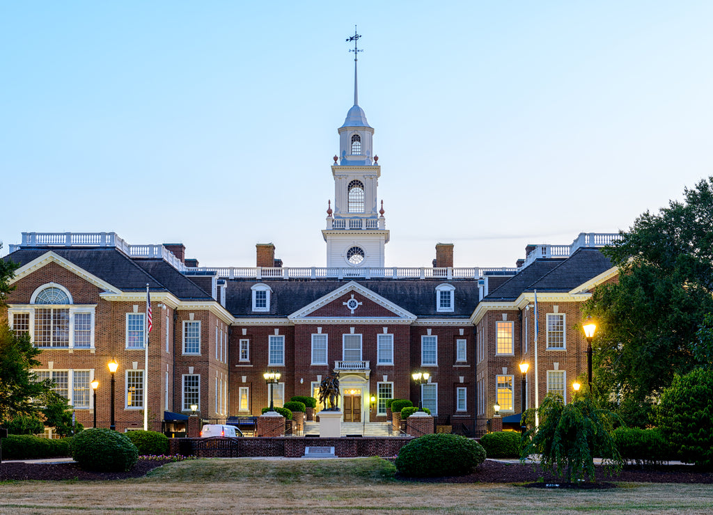 Delaware Capitol Building with lights turned on at sunset