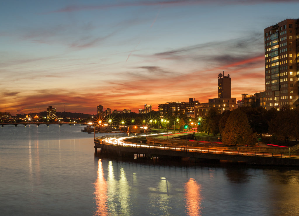 Evening traffic on Memorial drive in Cambridge Massachusetts