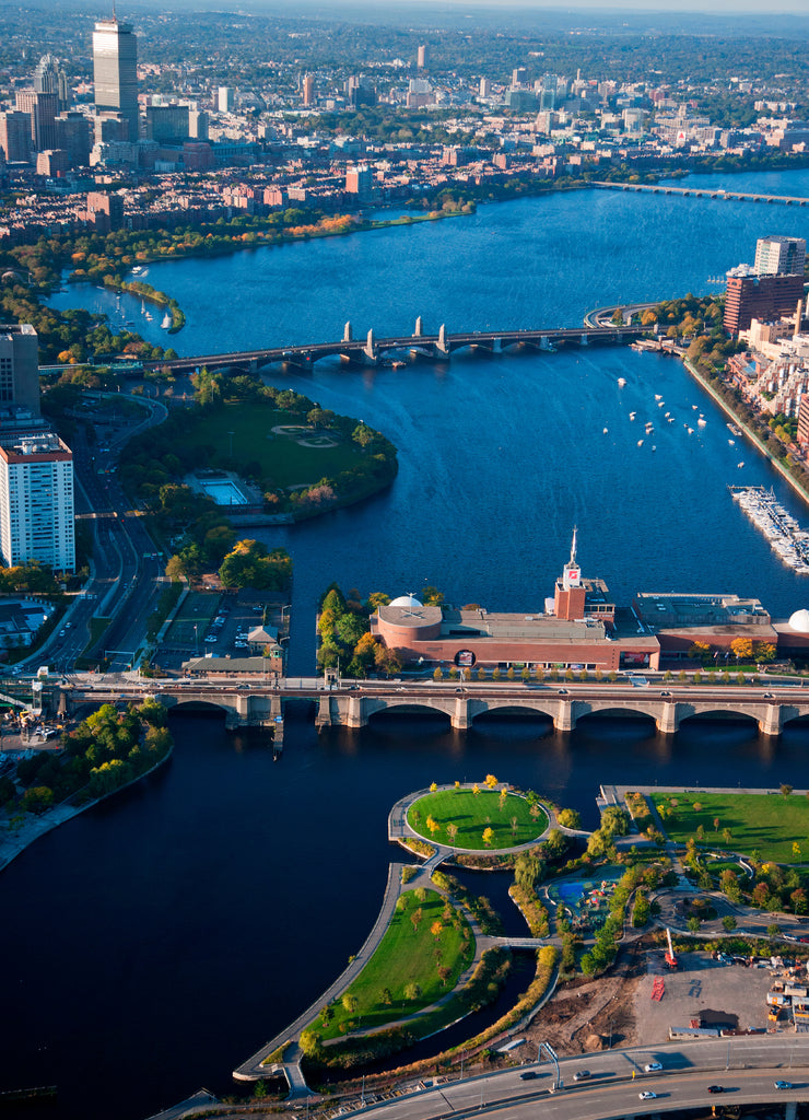 Aerial view of bridges crossing Charles River, Cambridge from Boston Massachusetts