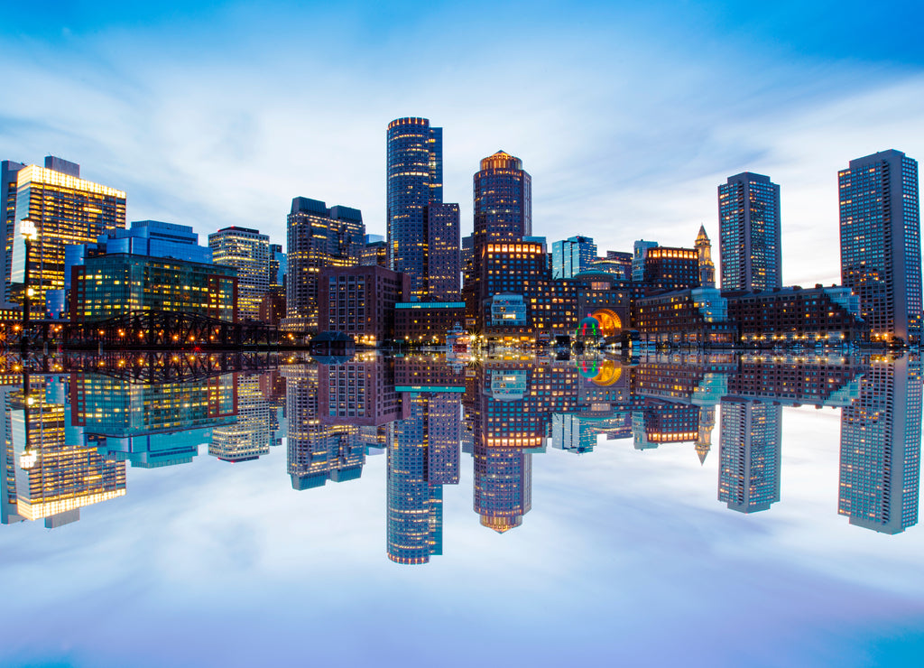 Massachusetts, Boston Skyline from Downtown Harborwalk at Night