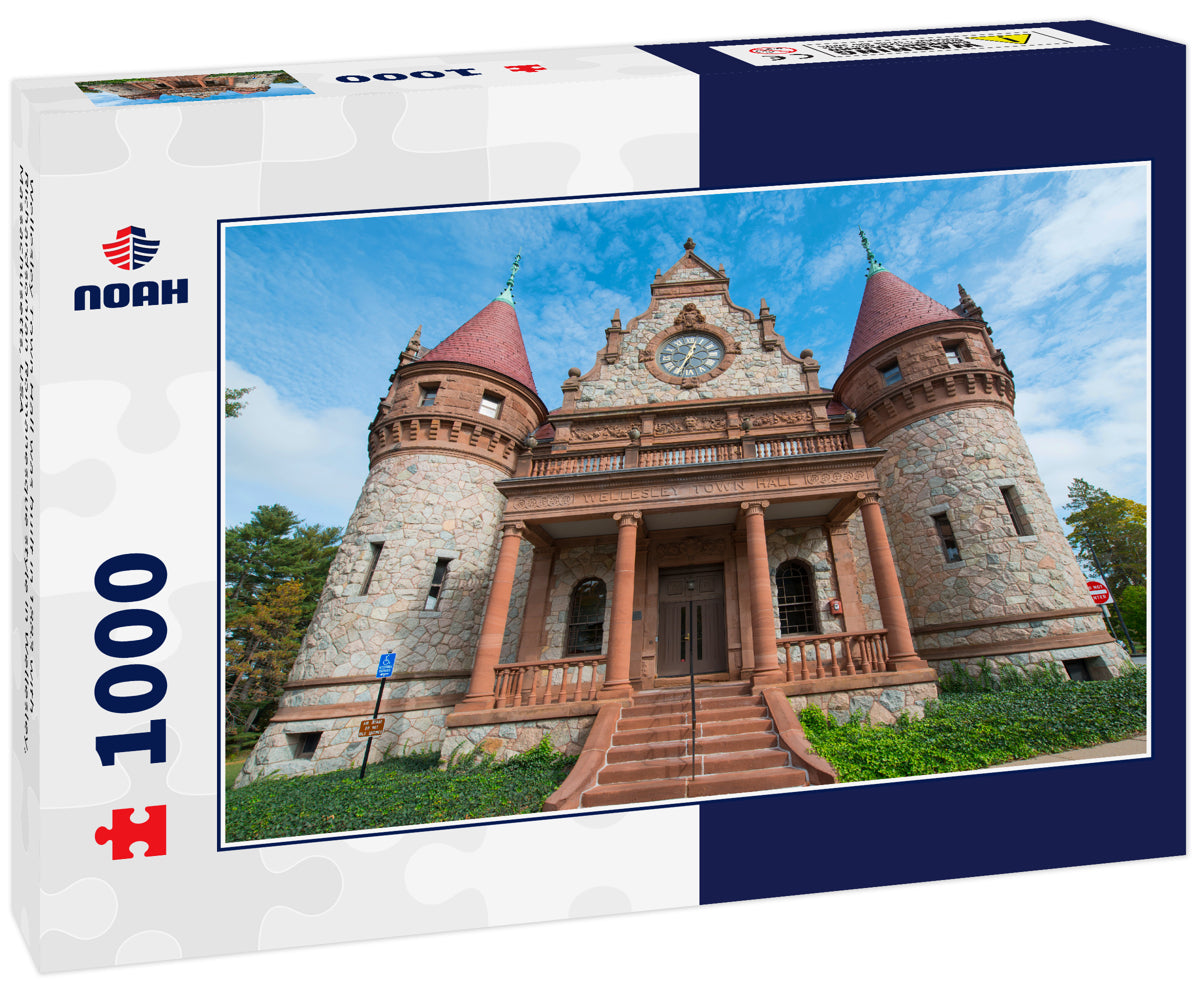 Wellesley Town Hall was built in 1883 with Richardsonian Romanesque style in Wellesley, Massachusetts, USA
