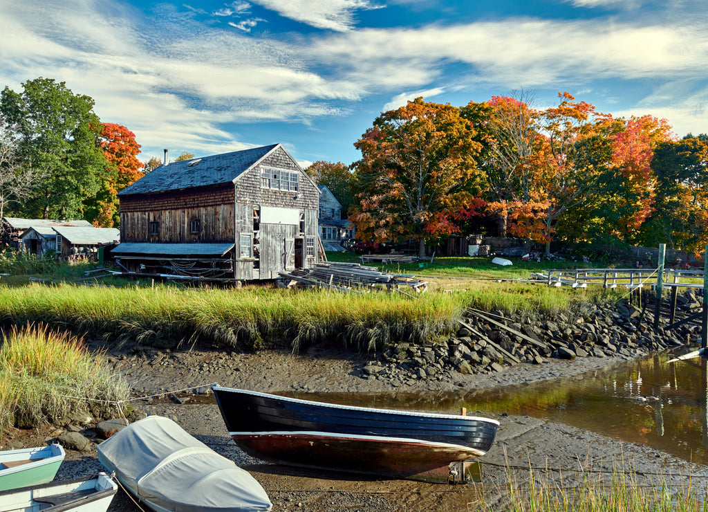 Fall in Essex, Massachusetts, USA. Autumn scene at old wharf