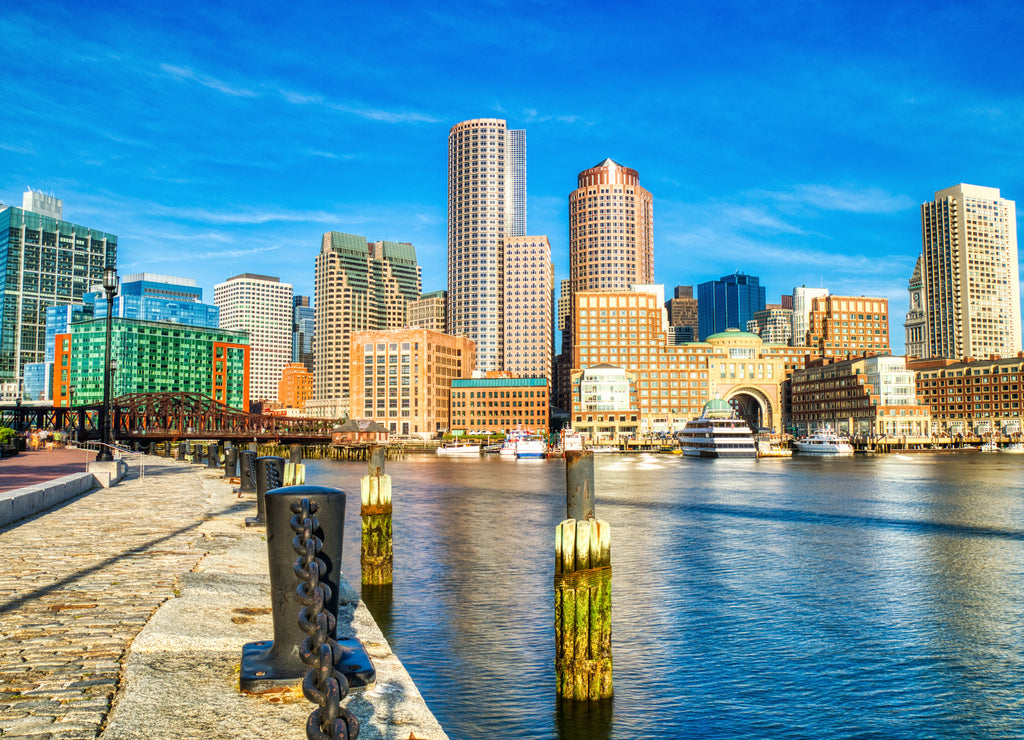 Financial District and Boston Harbor at Sunrise, Massachusetts