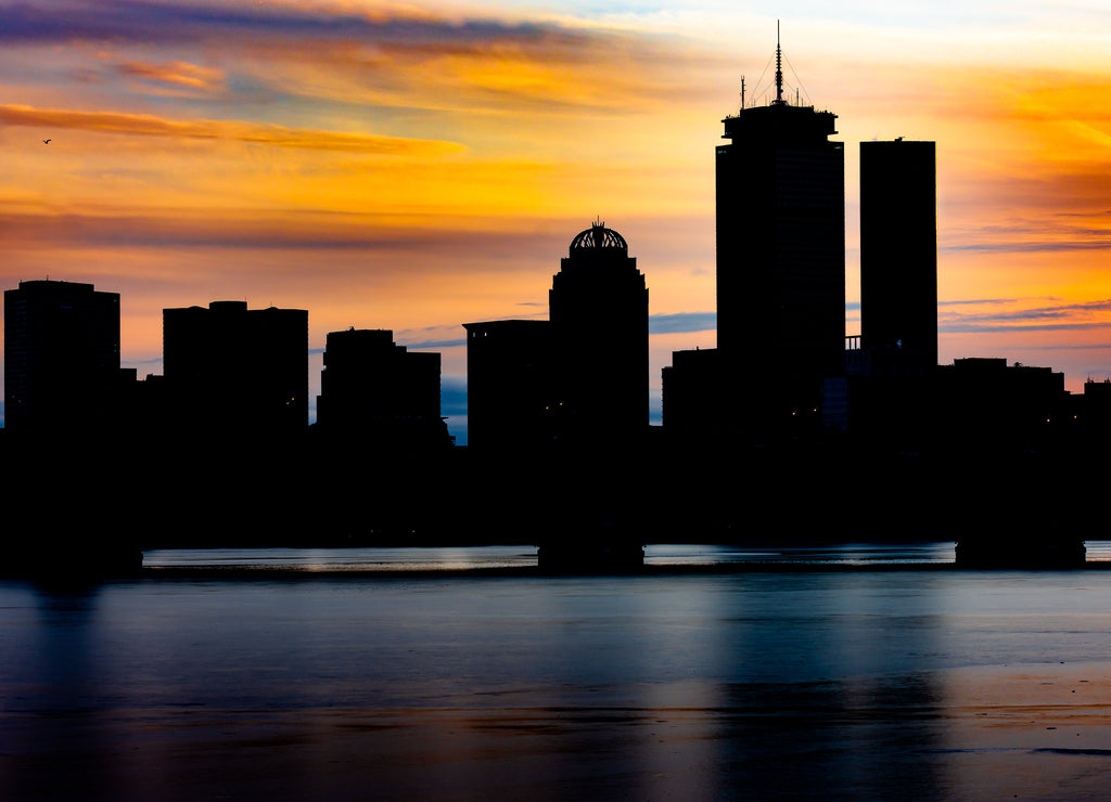 Boston sunset skyline from Cambridge Parkway in Boston, Massachusetts