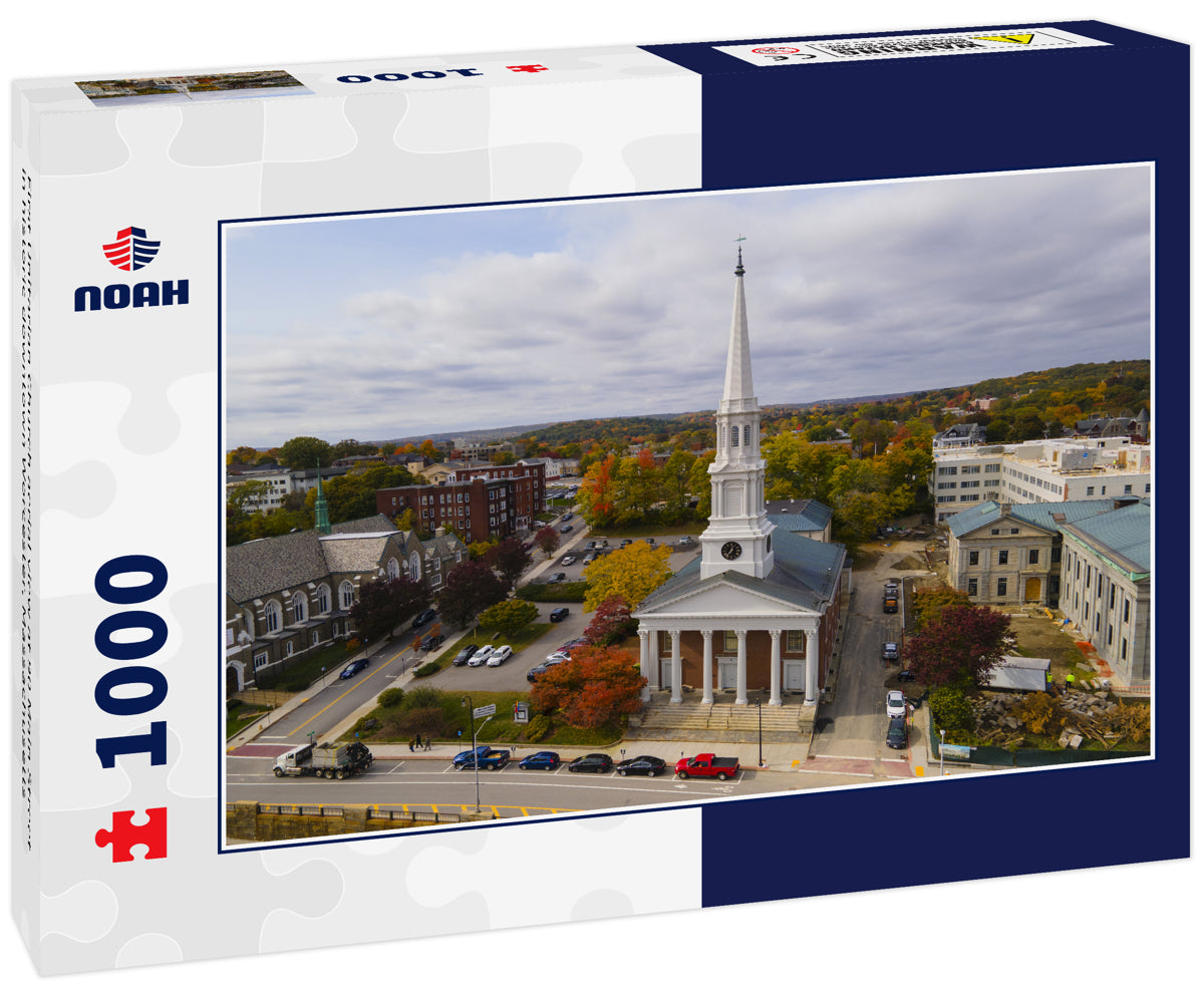 First Unitarian Church aerial view at 90 Main Street in historic downtown Worcester, Massachusetts