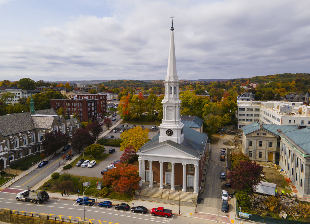 First Unitarian Church aerial view at 90 Main Street in historic downtown Worcester, Massachusetts