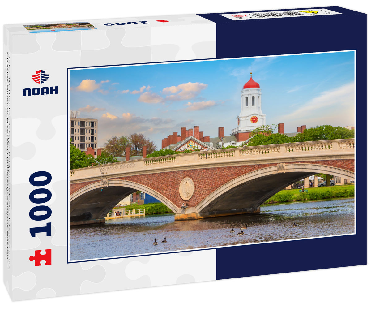 John W. Weeks vintage Bridge with clock tower over Charles River in Harvard University campus Boston