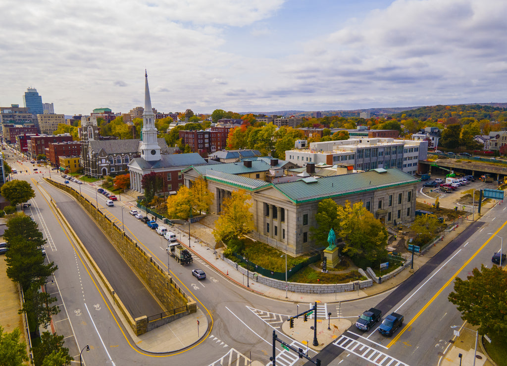 Old Worcester District Court aerial view at 2 Main Street with fall foliage in city of Worcester, Massachusetts