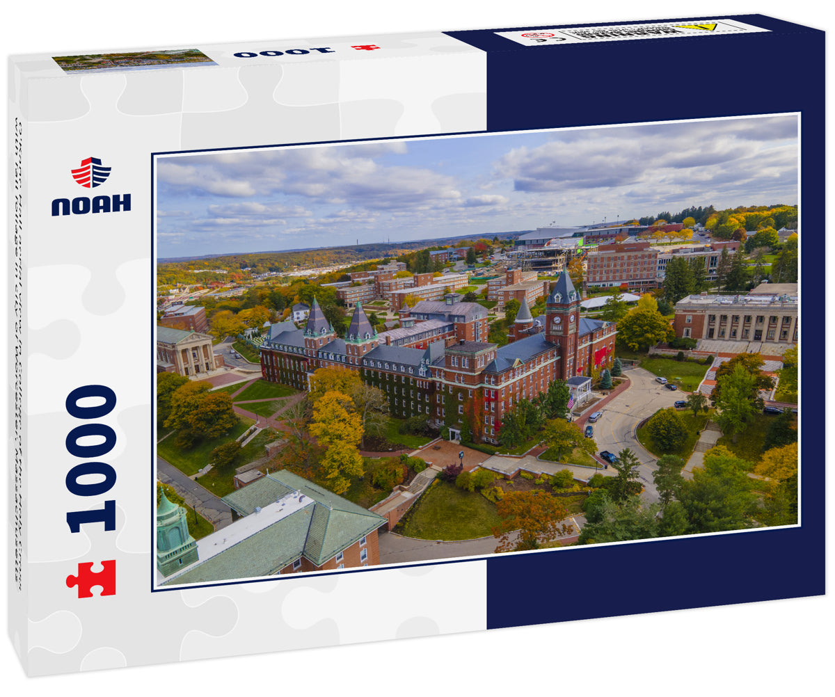 O'Kane Hall aerial view in College of the Holy Cross with fall foliage in city of Worcester, Massachusetts