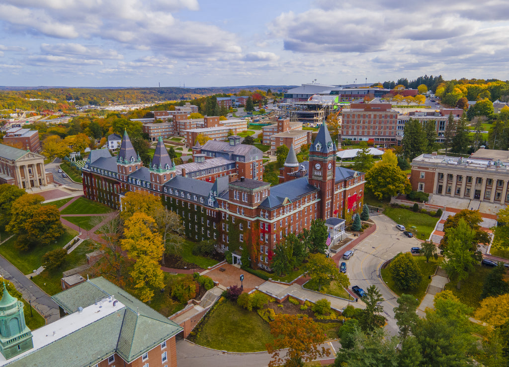O'Kane Hall aerial view in College of the Holy Cross with fall foliage in city of Worcester, Massachusetts