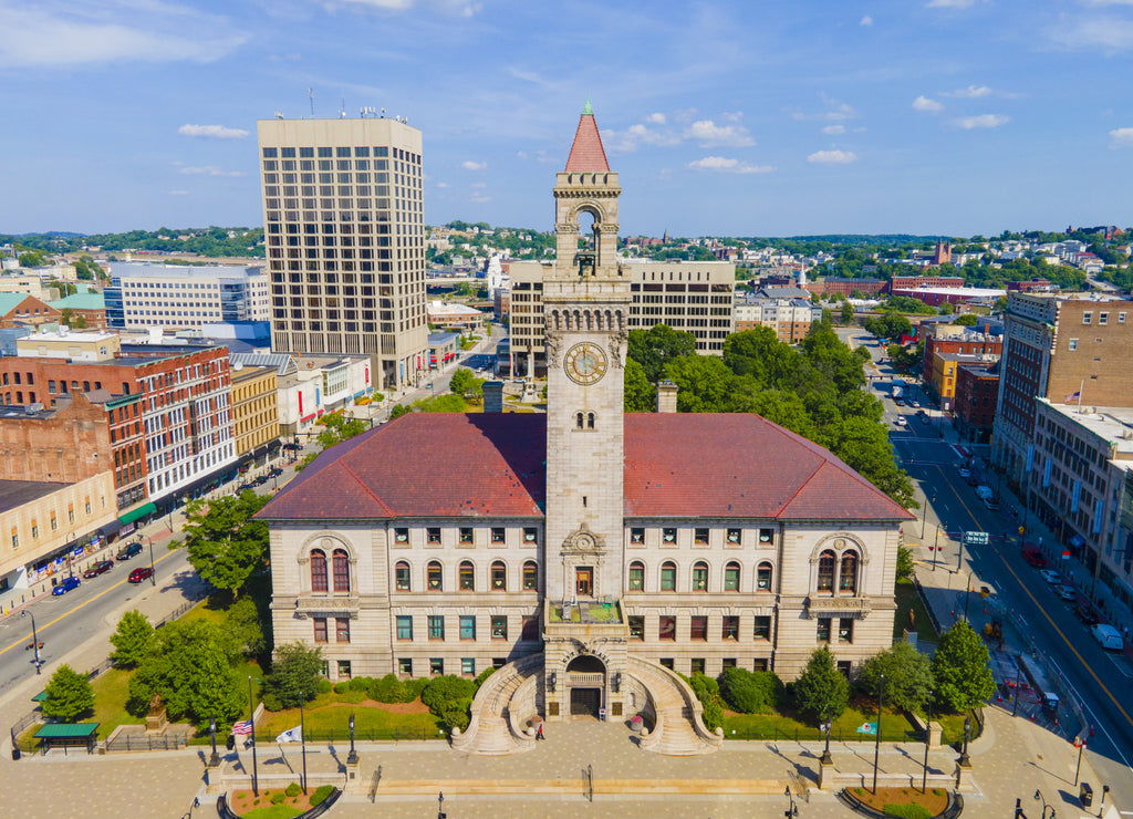 Aerial view of Worcester historic center including Worcester City Hall on Main Street with modern skyline at background, Worcester, Massachusetts