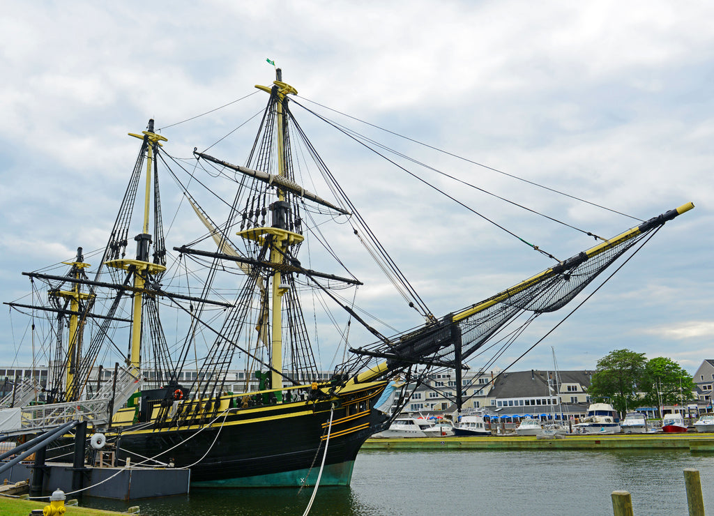 Antique ship Friendship of Salem docked at a pier in the Salem Maritime National Historic Site, Salem Massachusetts