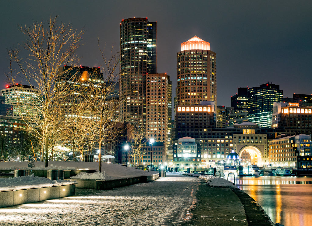 Boston Harbor Walkway, Waterfront, and Skyline at Night (Winter) - Boston, Massachusetts, USA