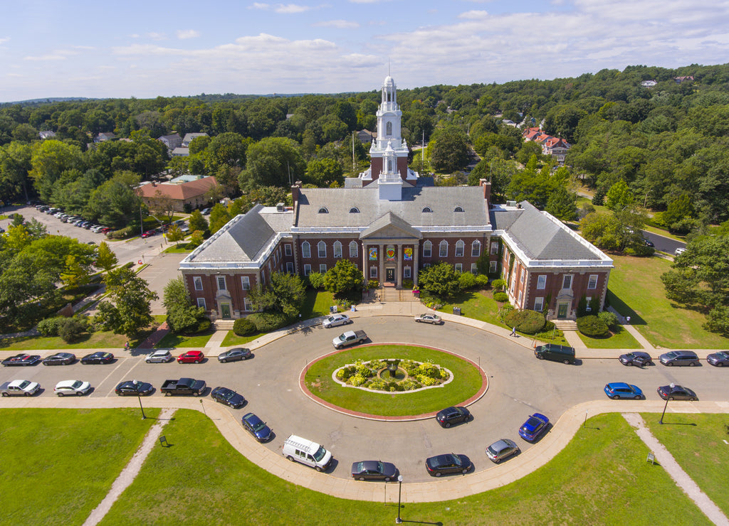 Newton City Hall aerial view in downtown Newton, Massachusetts, USA