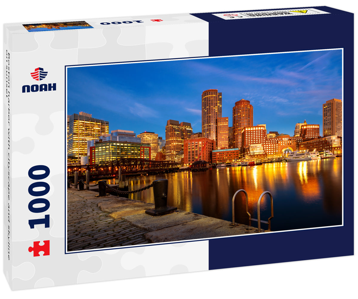 Boston harbor with cityscape and skyline on sunset