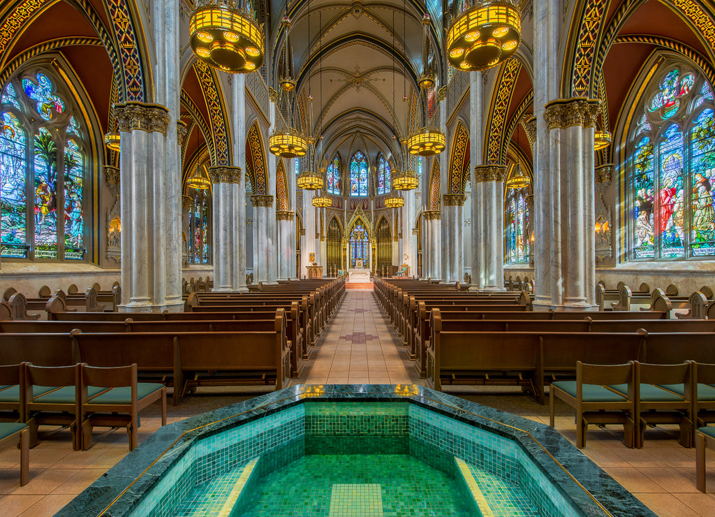 Baptismal and interior of the Cathedral of St Helena in Helena, Montana