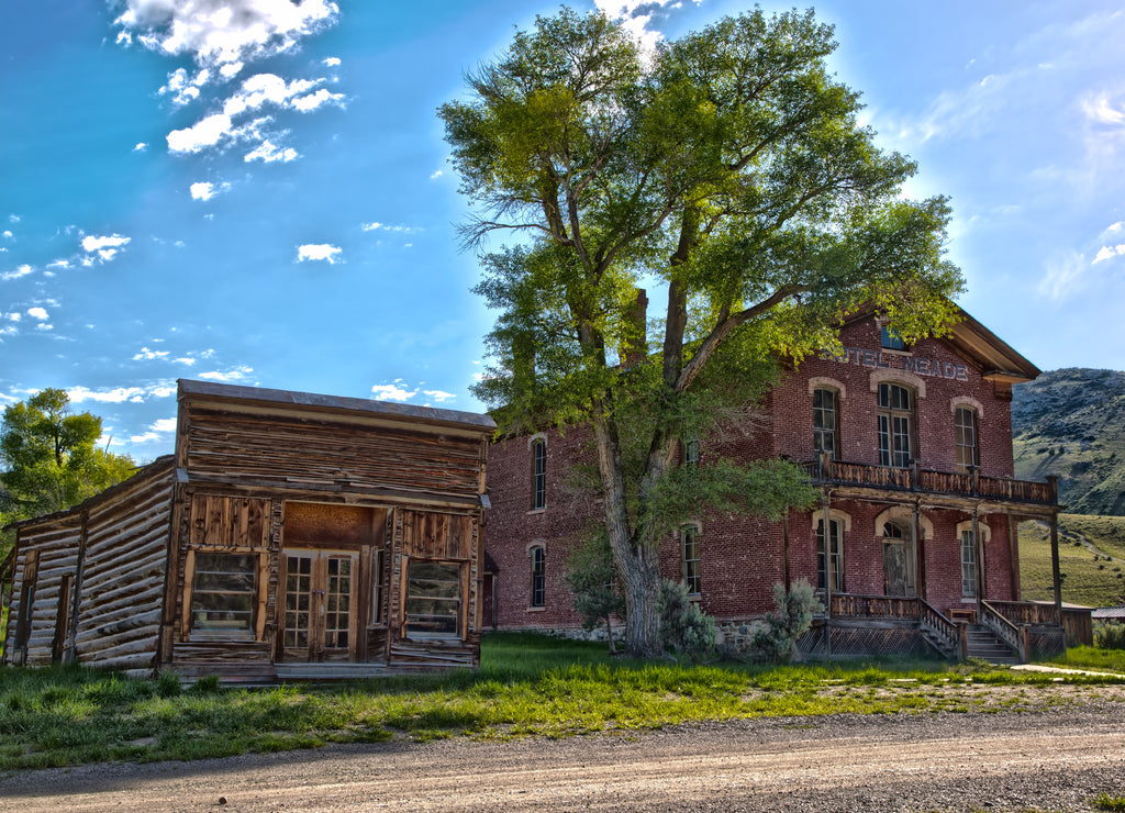 Brick hotel and store in Bannack, Montana a restored abandoned mining town