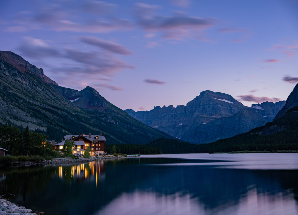 Sunset view of the Mount Wilbur, Swiftcurrent Lake in the Many Glacier area of the famous Glacier National Park