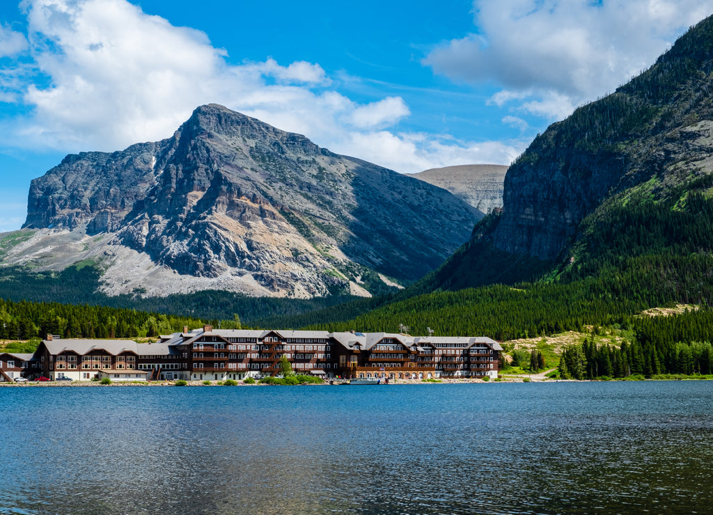 Many Glacier Hotel and Mountains at Glacier National Park, Montana