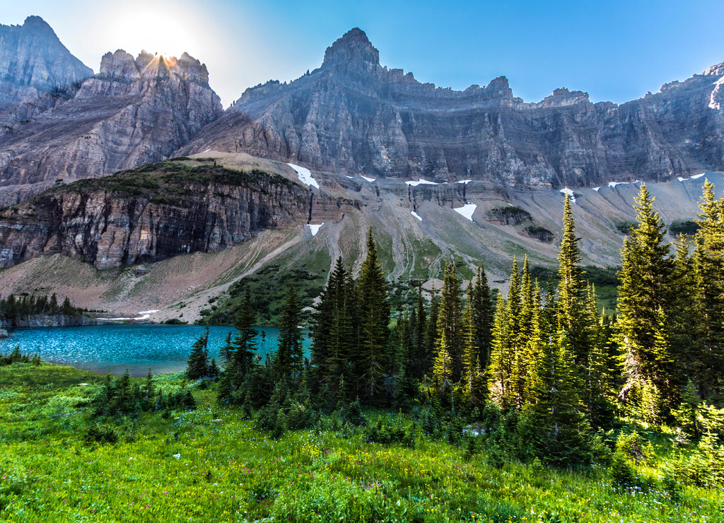 Turquoise color Iceberg Lake in Glacier National Park in Montana in summer