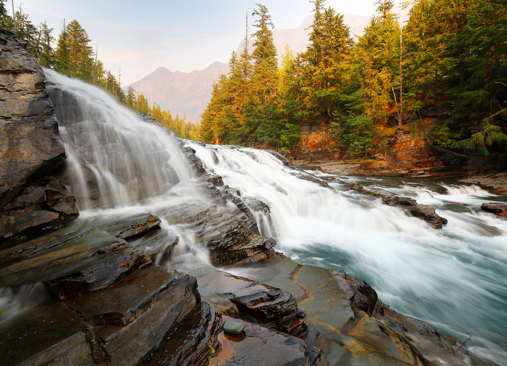 Sacred Dancing Cascade at sunset, Glacier National Park, Flathead County Montana