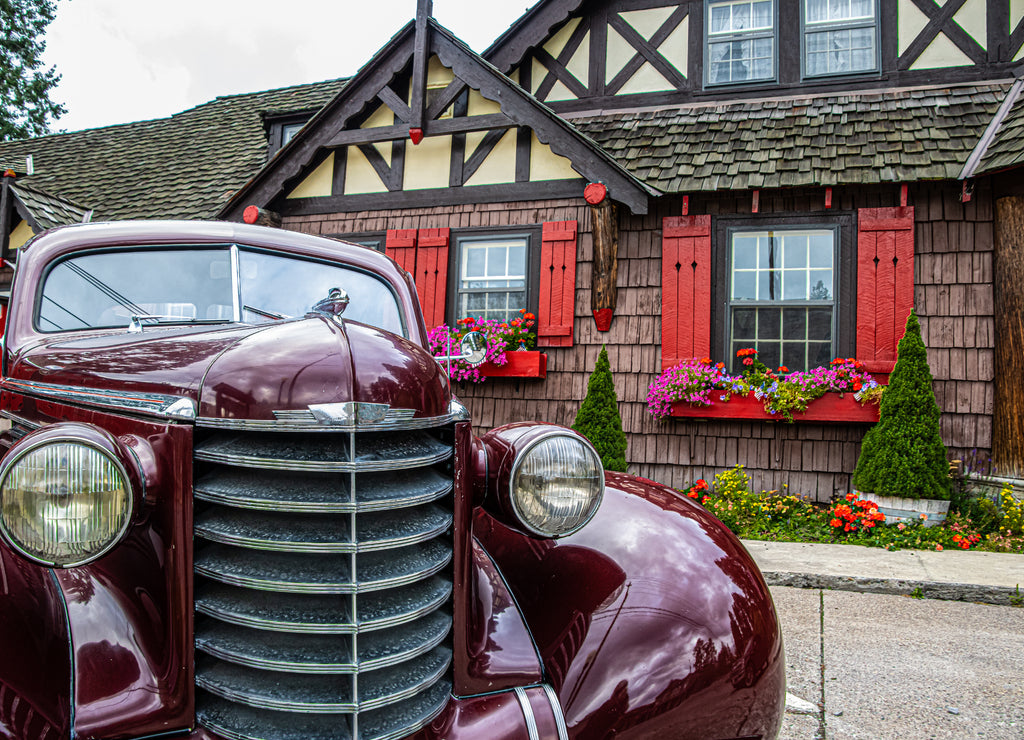 Late Thirties Antique Car in Front of Restaurant, Bigfork, Montana