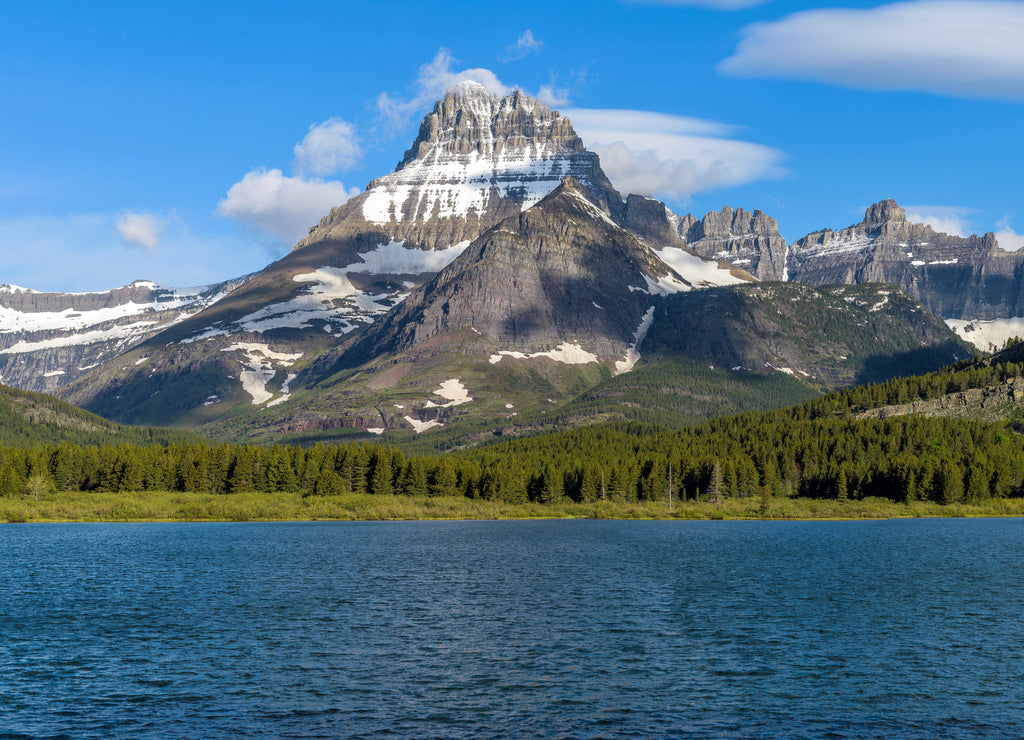 Mount Wilbur - A panoramic Spring morning view of Mount Wilbur, towering at west shore of Swiftcurrent Lake. Many Glacier, Glacier National Park, Montana, USA