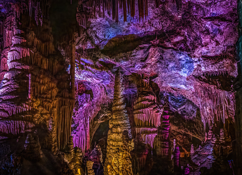 Colorful stalactites, stalagmites, and columns in Paradise Cavern of Lewis and Clark Caverns State Park Montana