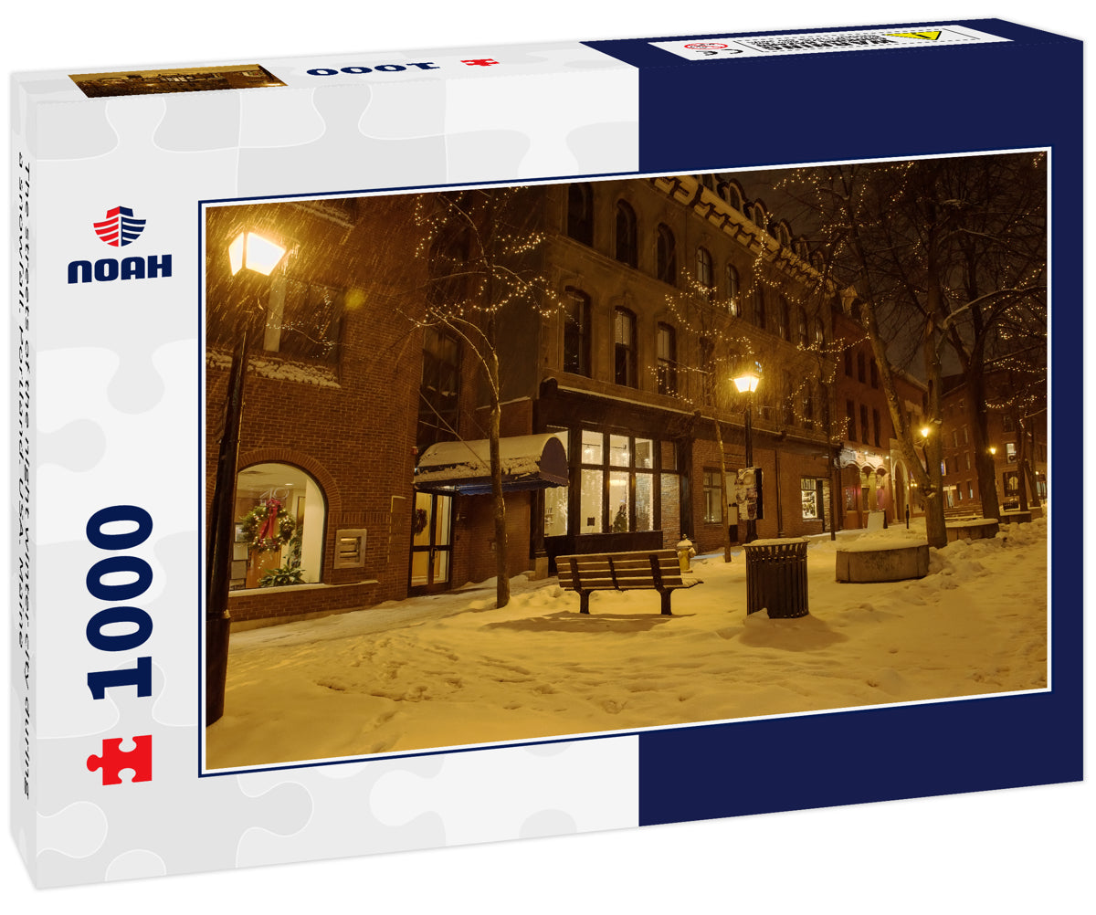 The streets of the night winter city during a snowfall. Portland. USA. Maine