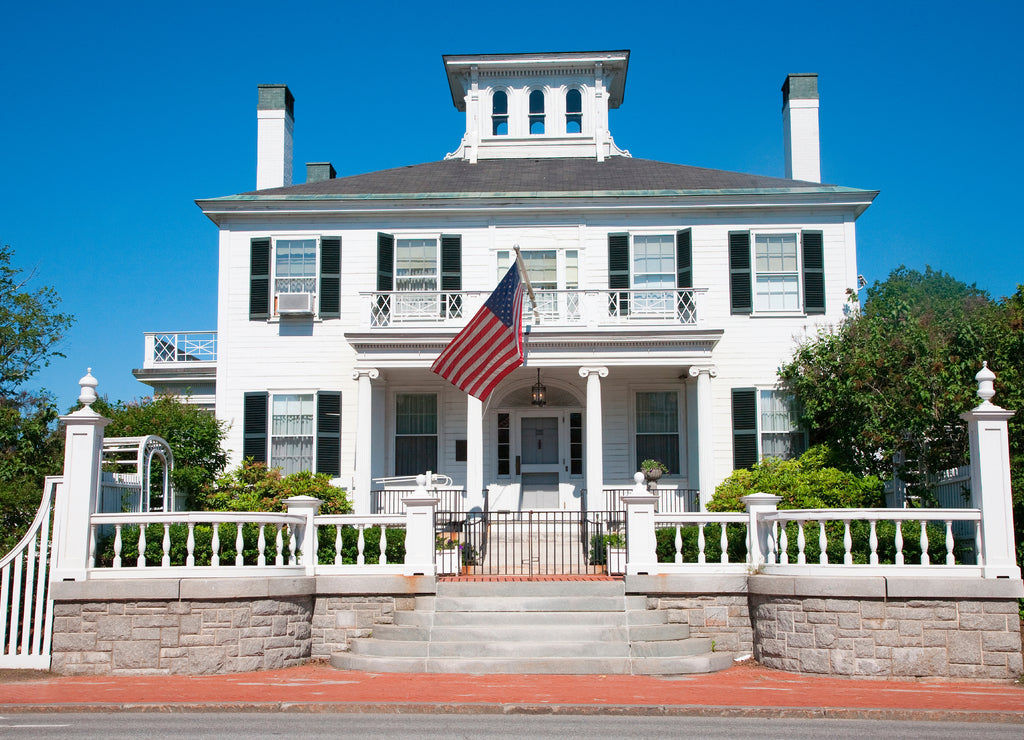 Maine Governors Mansion with US Flag, Augusta, Maine, the state capital of Maine