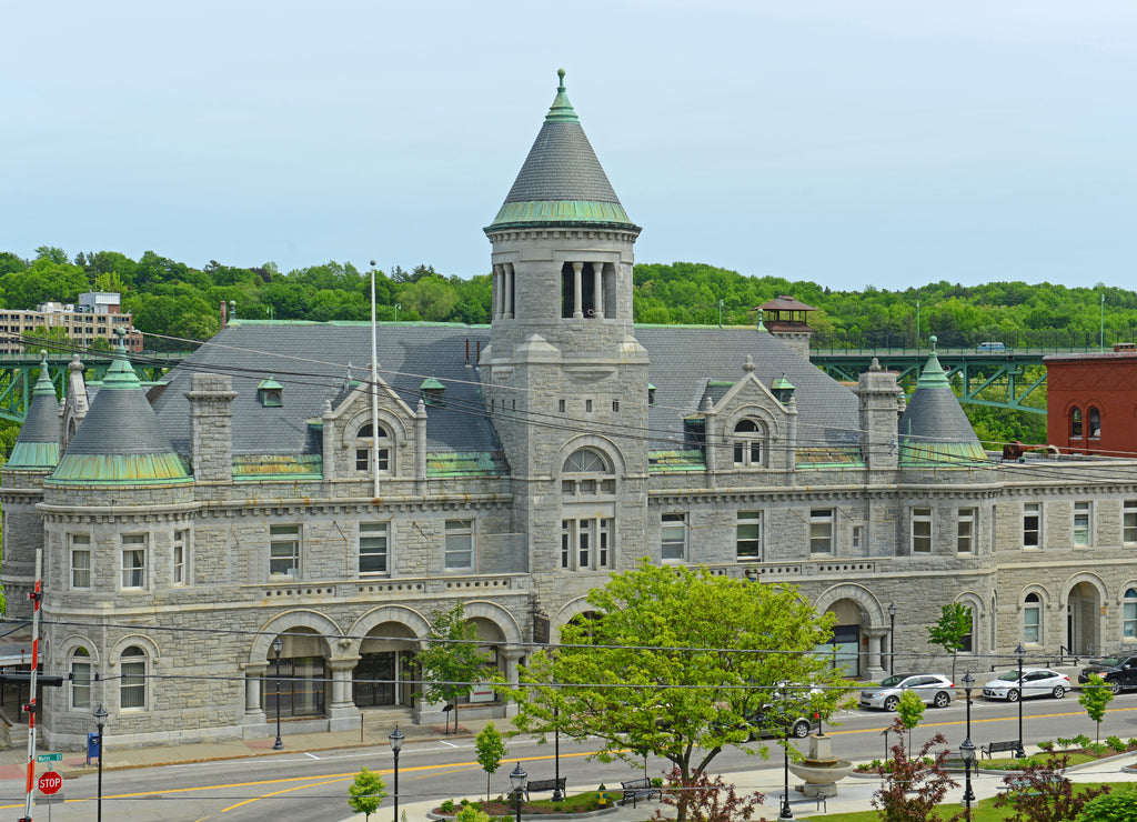 Old Post Office and Court House is a historic former federal government building with Romanesque Revival style on Water Street in downtown Augusta, Maine, USA