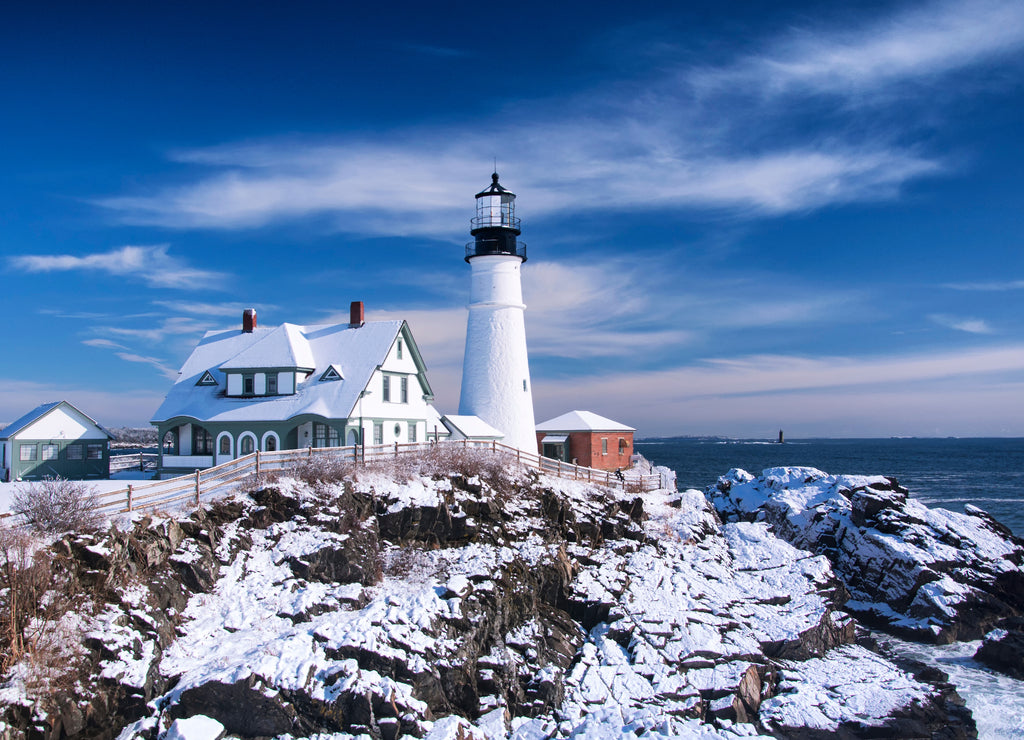 Portland Headlight blue sky winter day, Maine USA