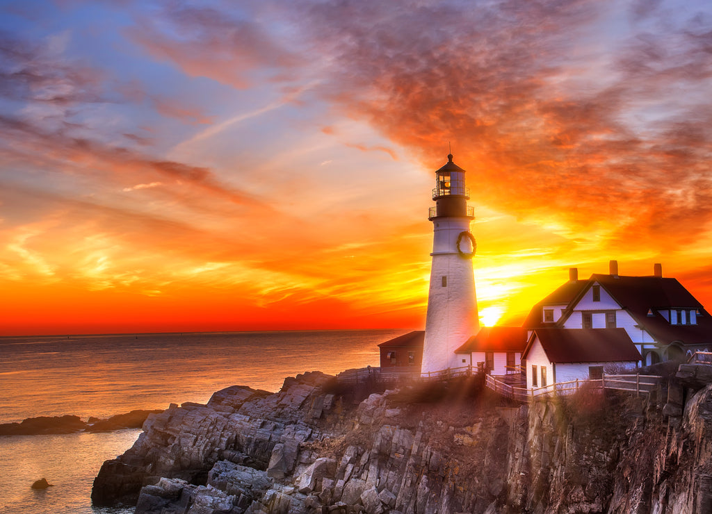 Lighthouse on the beach at dawn, Portland Head Light, Maine