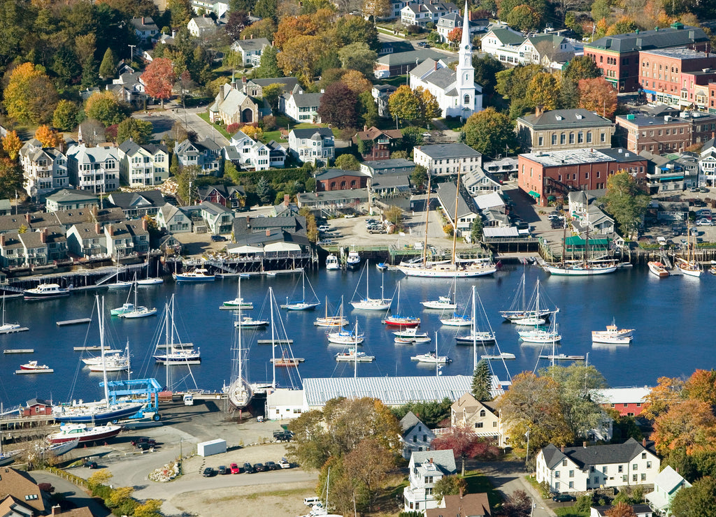 Bar Harbor in autumn aerial view, Maine