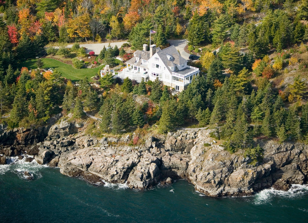 Aerial view of ocean-front home at Acadia National Park, Maine