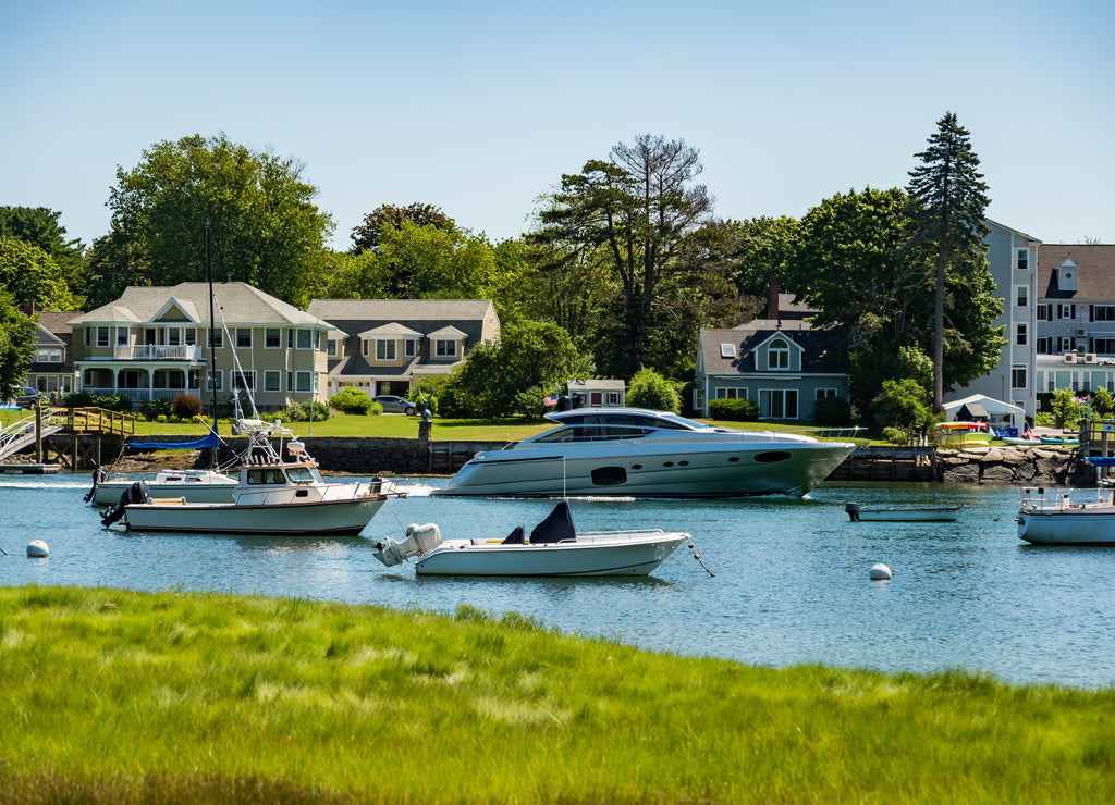 Sailboats anchored, fishing port Maine 