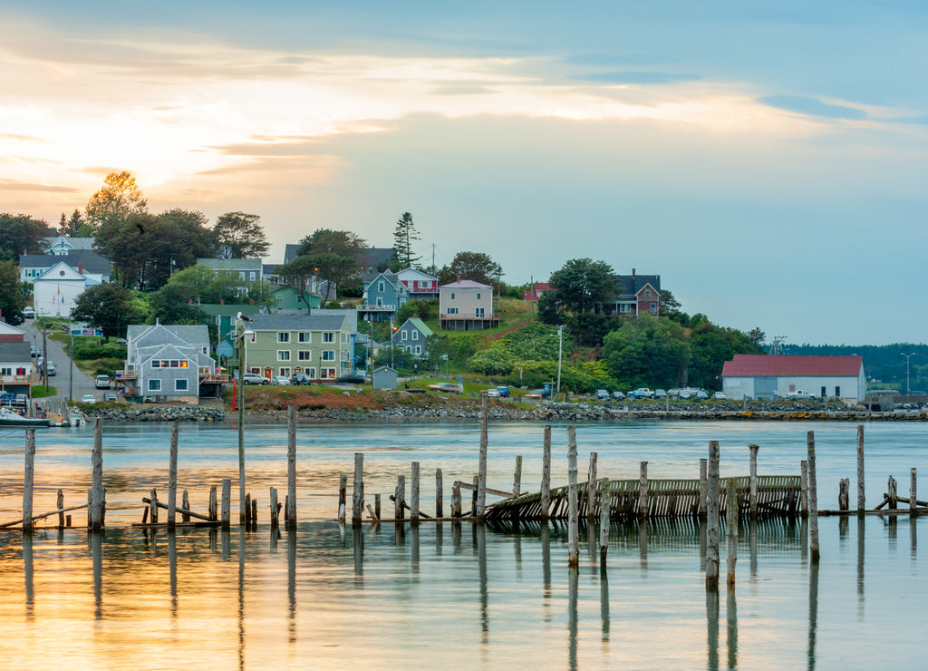 Center of Lubec, Maine and Lubec Narrows, viewed from Canadian side on Campobello island