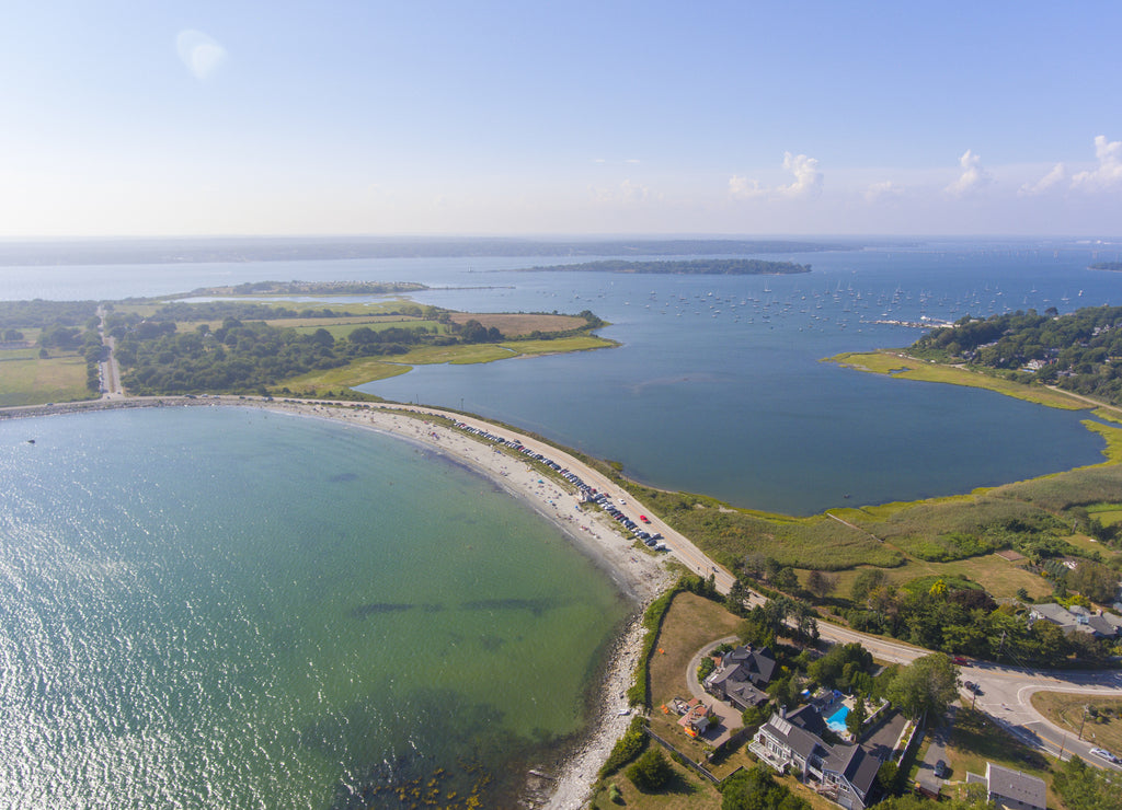 Mackeral Cove Beach and Dutch Island Harbor at Narragansett Bay aerial view in summer, Jamestown, Rhode Island RI, USA